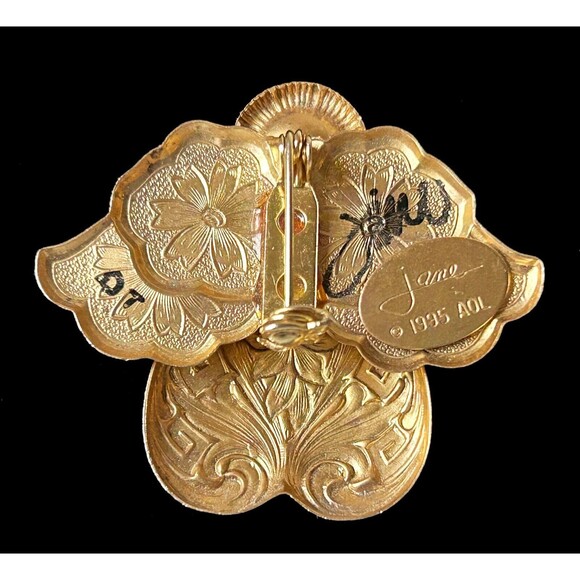 Vintage Angel Brooch by Jane Davis-Signed Gold Tone Metal Faux Pearl Rhinestone - Picture 2 of 3